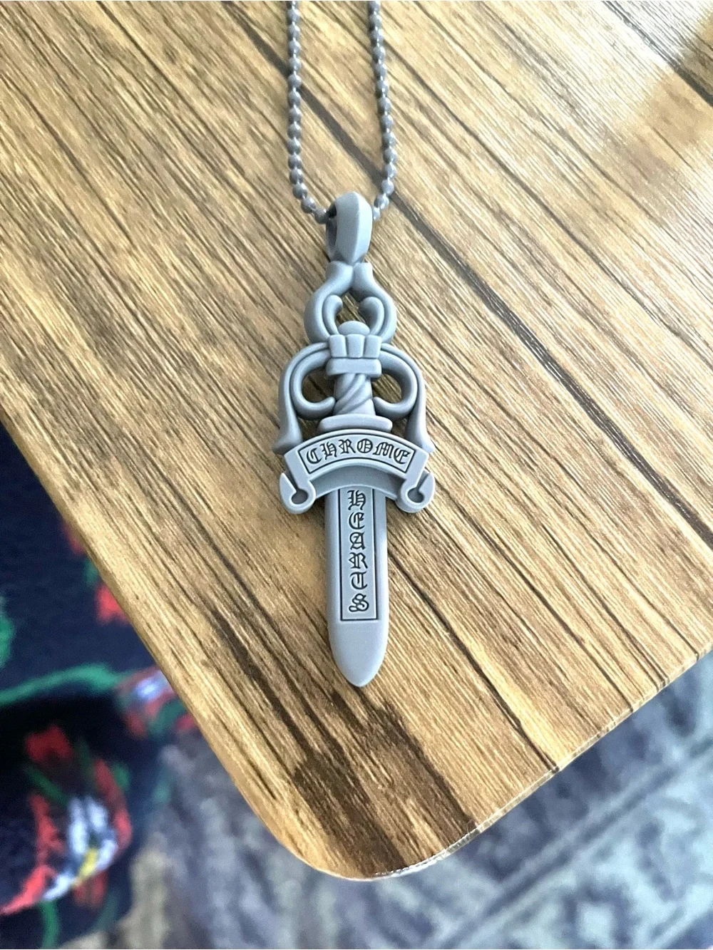 Chrome Hearts Gray Dagger Pendant Necklace with Beaded Chain